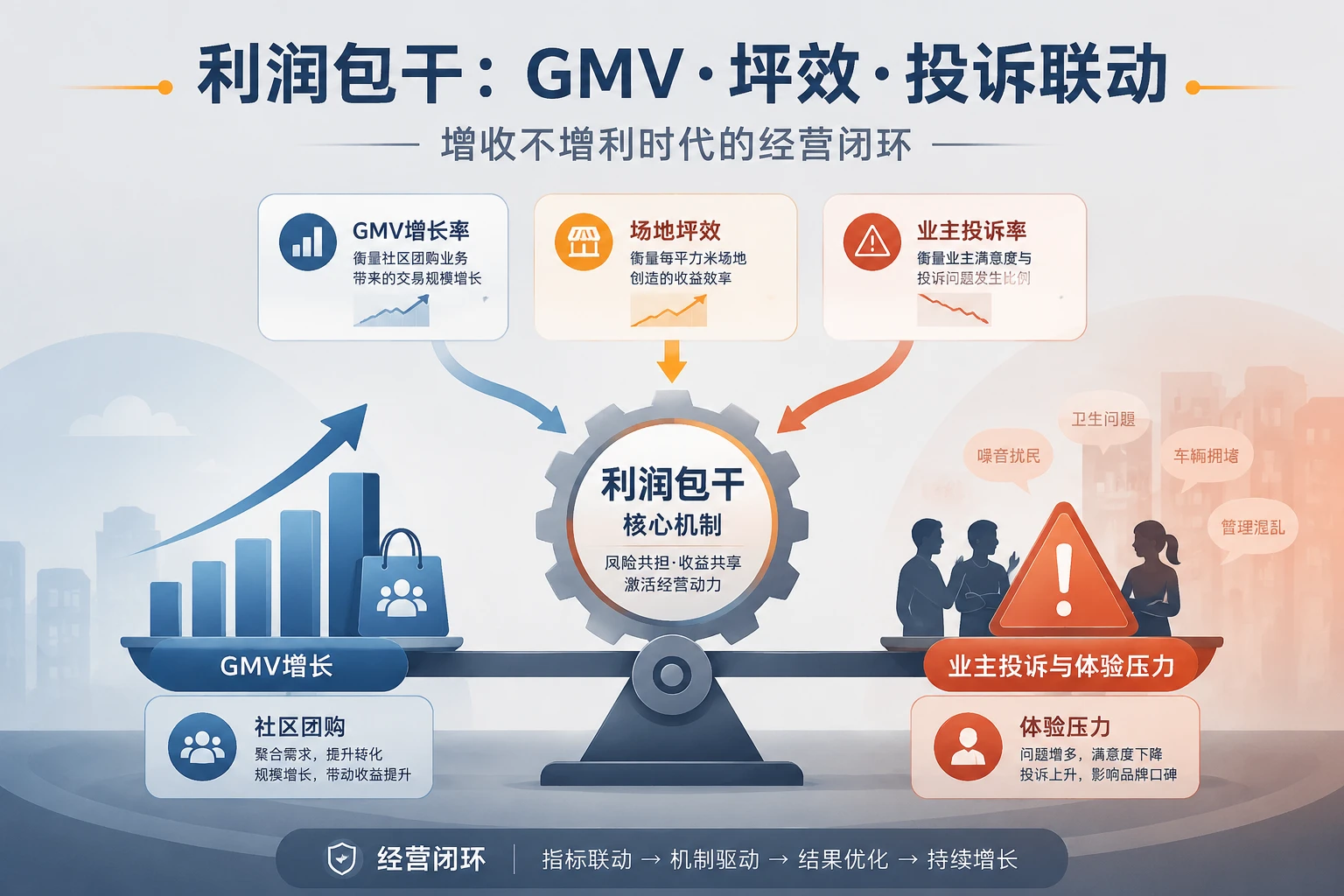 住宅物业多种经营经理利润包干：团购GMV、坪效与投诉联动