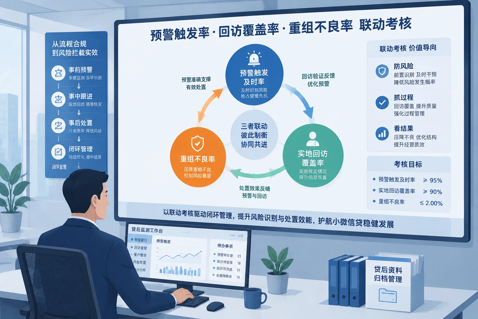 城商行贷后预警专员包干表：预警触发率、实地回访覆盖率与重组不良率联动考核