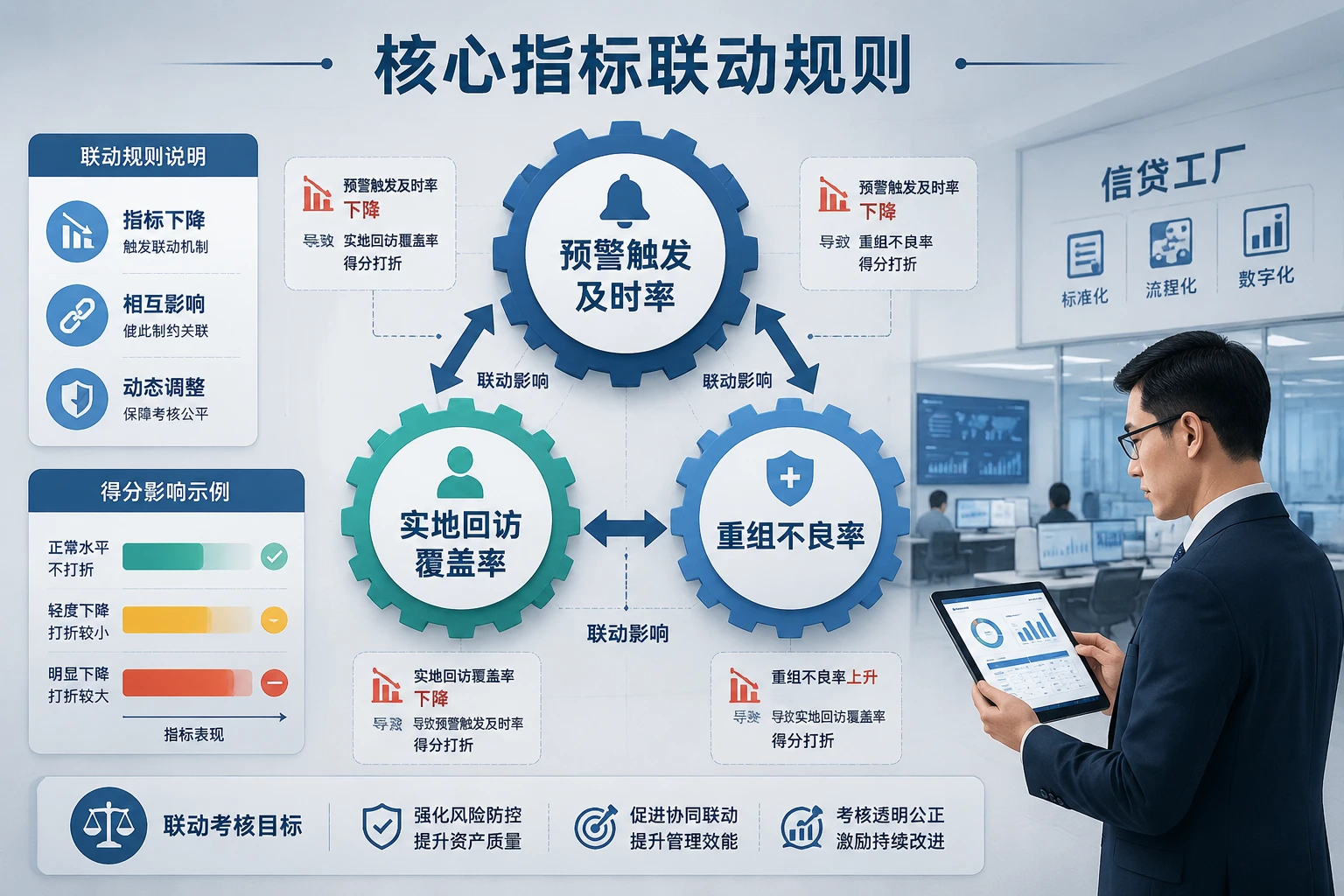 城商行贷后预警专员包干表：预警触发率、实地回访覆盖率与重组不良率联动考核