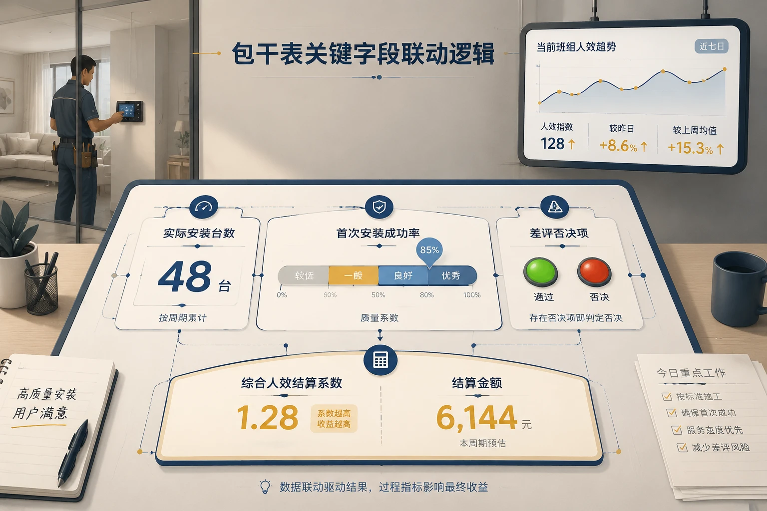 智能家居安装班组人效客诉包干表：安装台数、首次成功率与差评否决联动方案