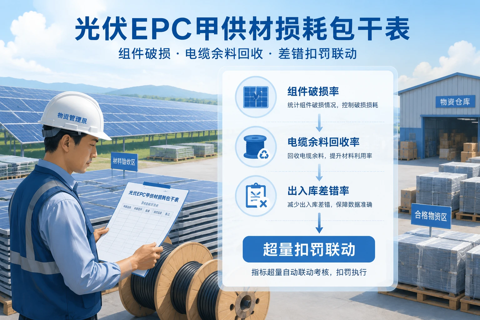 光伏EPC甲供材损耗包干表：组件破损、电缆余料与差错扣罚联动