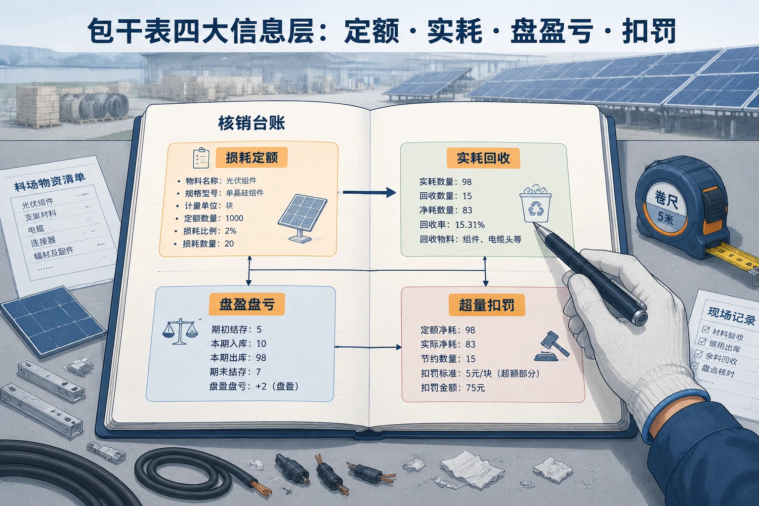 光伏EPC甲供材损耗包干表：组件破损、电缆余料与差错扣罚联动