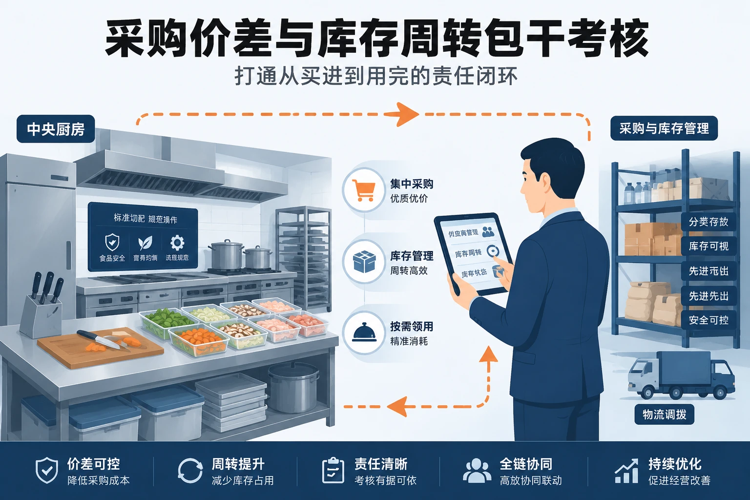 团餐央厨出品率提升：采购价差与库存周转包干考核
