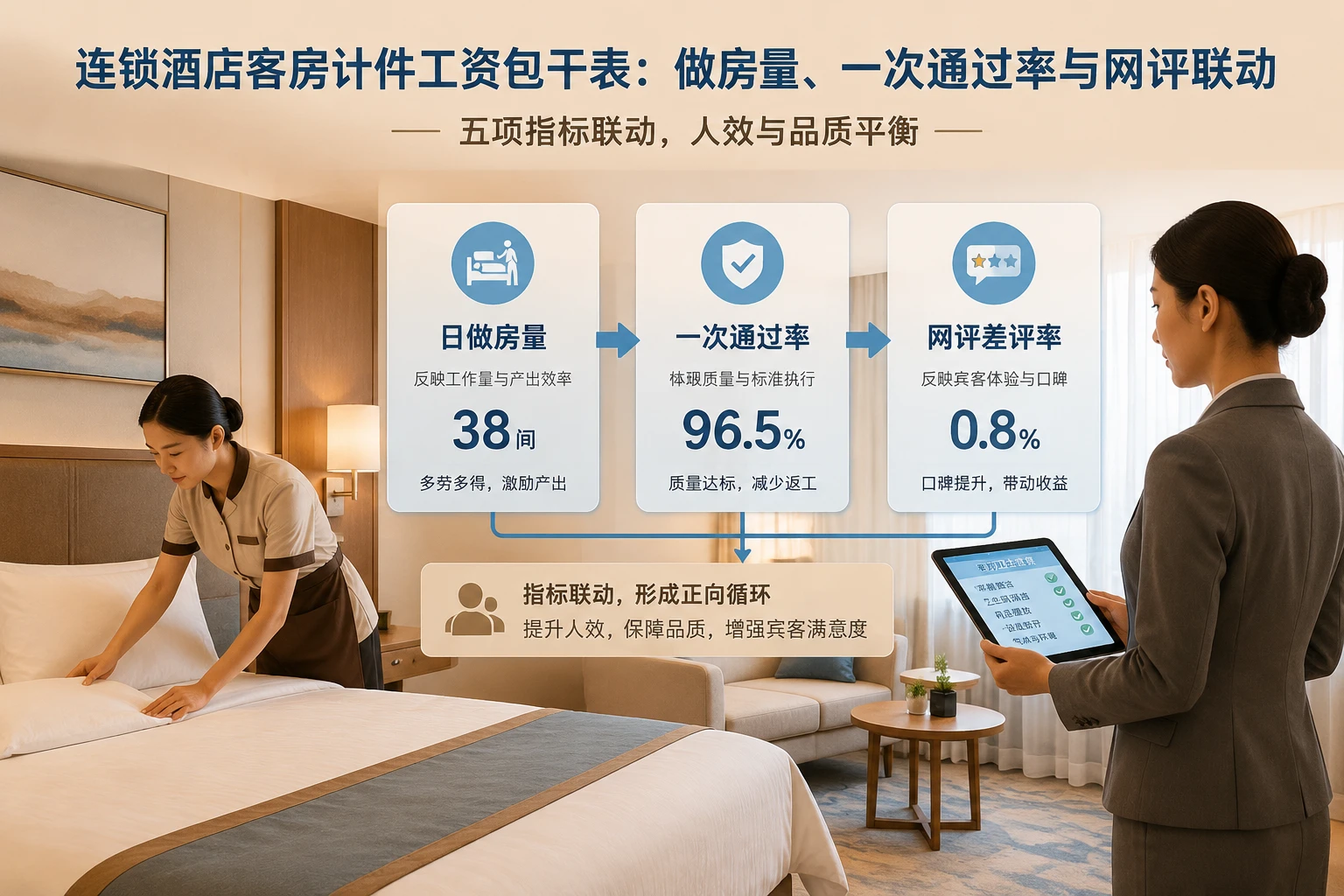 连锁酒店客房计件工资包干表：做房量、一次通过率与网评联动