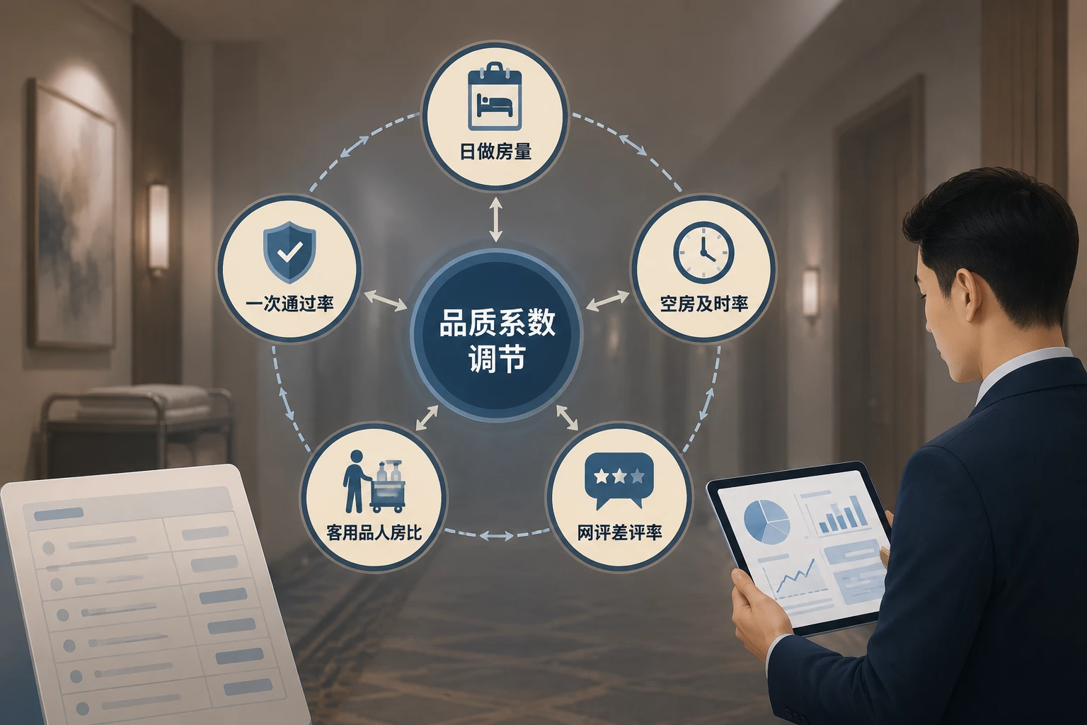 连锁酒店客房计件工资包干表：做房量、一次通过率与网评联动