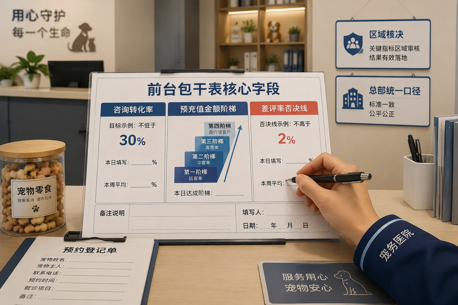 2026年连锁宠物医院前台转化包干表：预充值、差评否决与区域核决