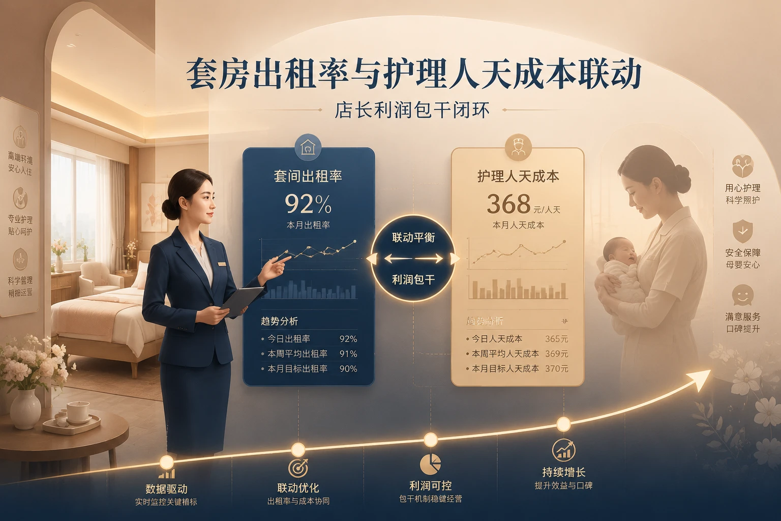 月子中心店长利润包干：套房出租率与护理人天成本联动