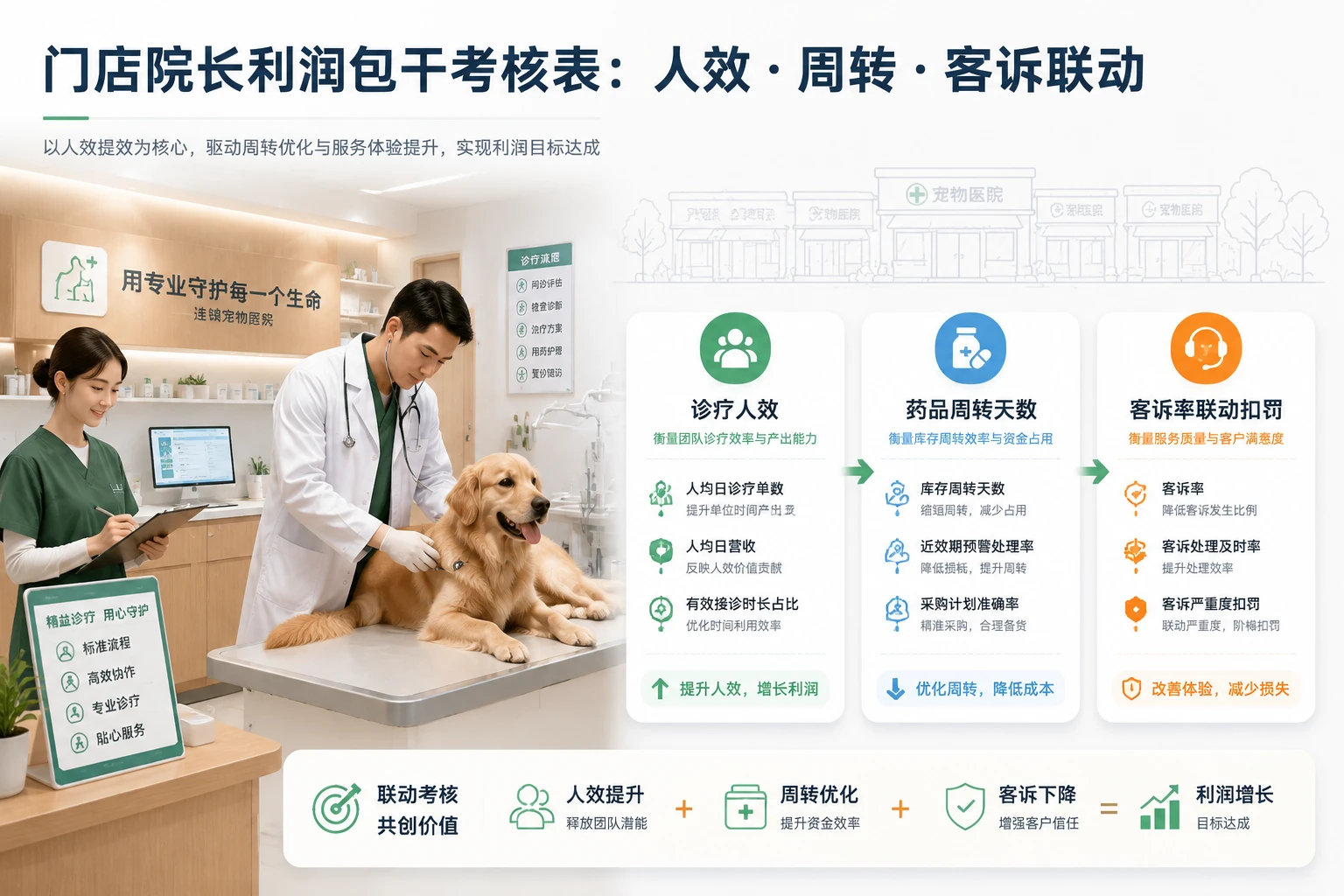 2026年连锁宠物医院门店院长利润包干考核表:诊疗人效、药品周转与客诉联动