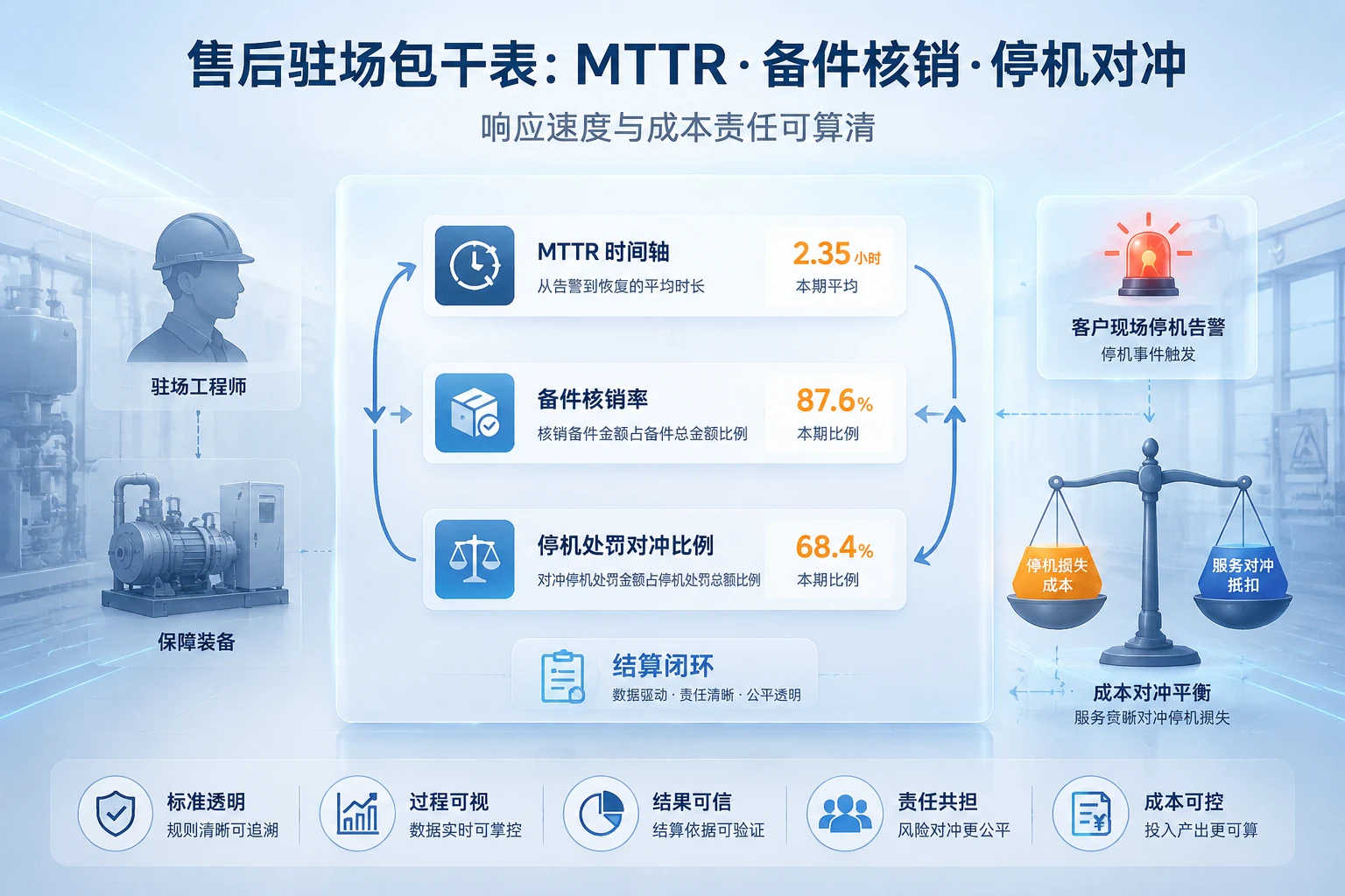 非标自动化售后驻场包干表：MTTR、备件核销与停机处罚对冲考核