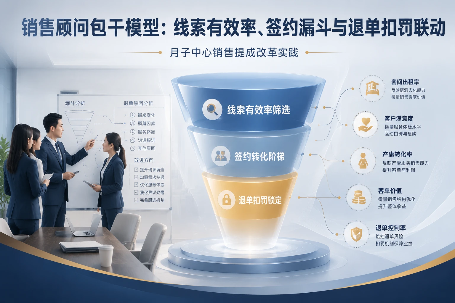 月子中心销售顾问包干案例：线索有效率、签约漏斗与退单扣罚联动