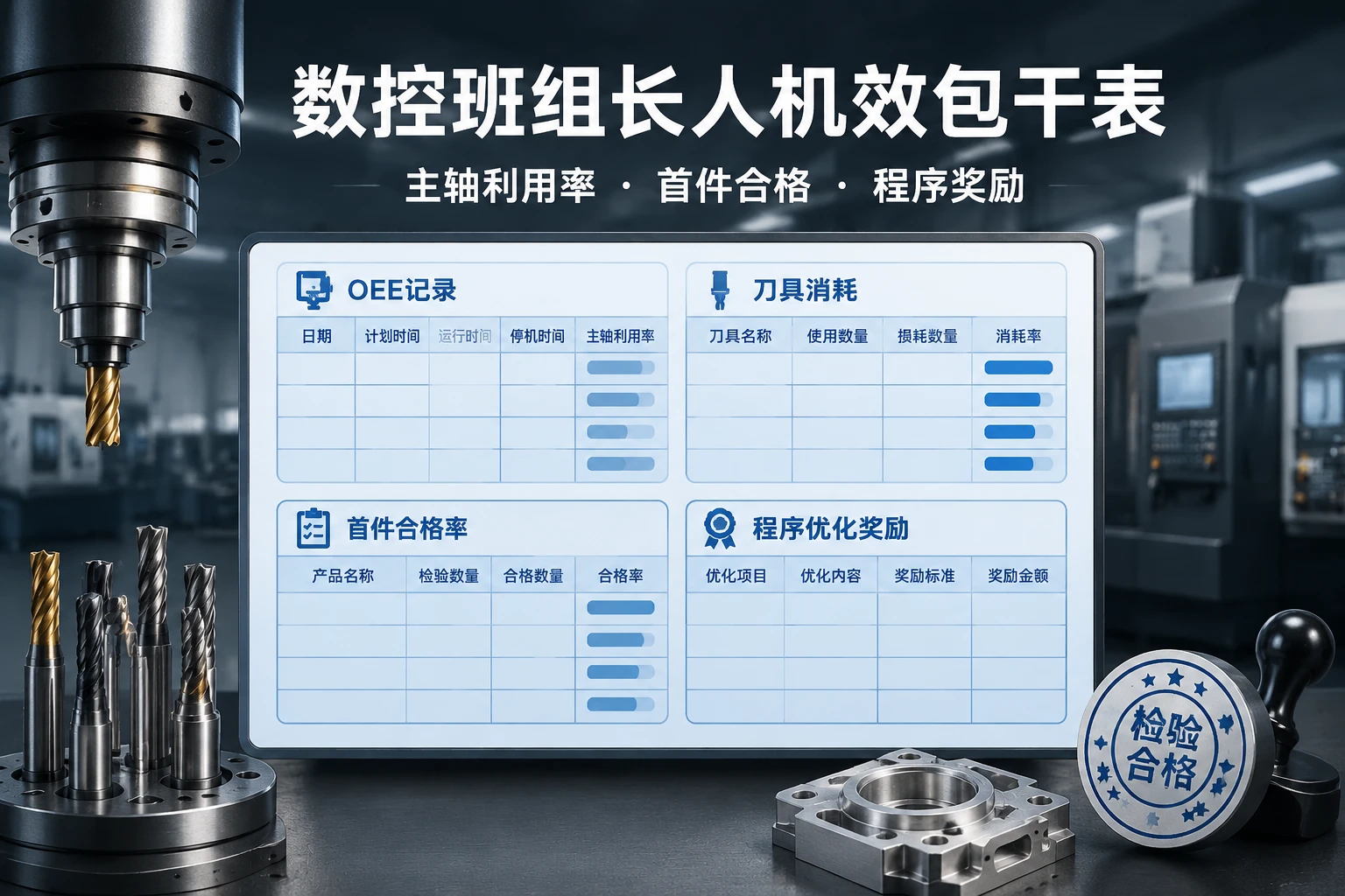 数控班组长人机效包干表：主轴利用率、首件合格与程序奖励