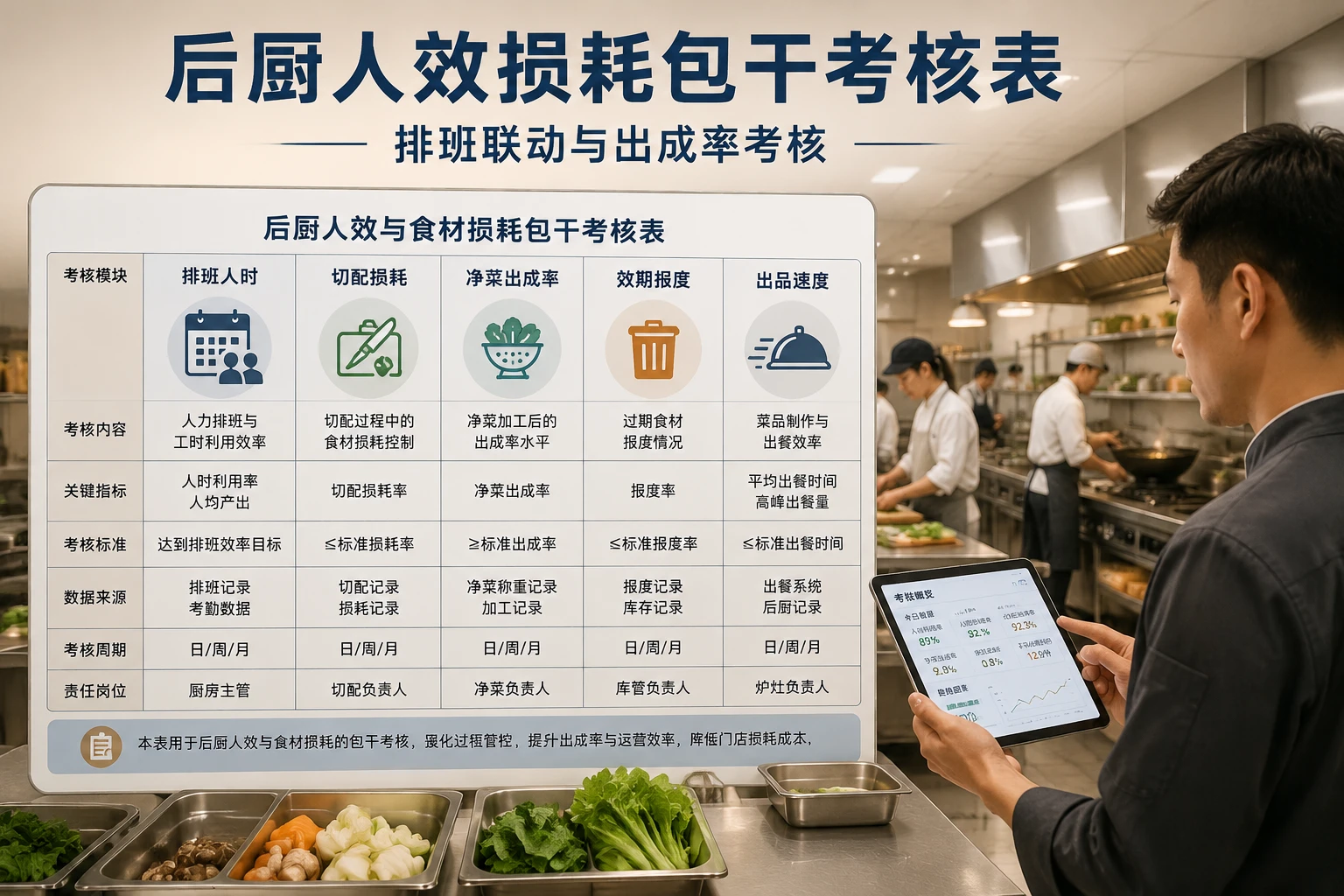2026年连锁正餐后厨人效损耗包干考核表：排班联动与出成率考核
