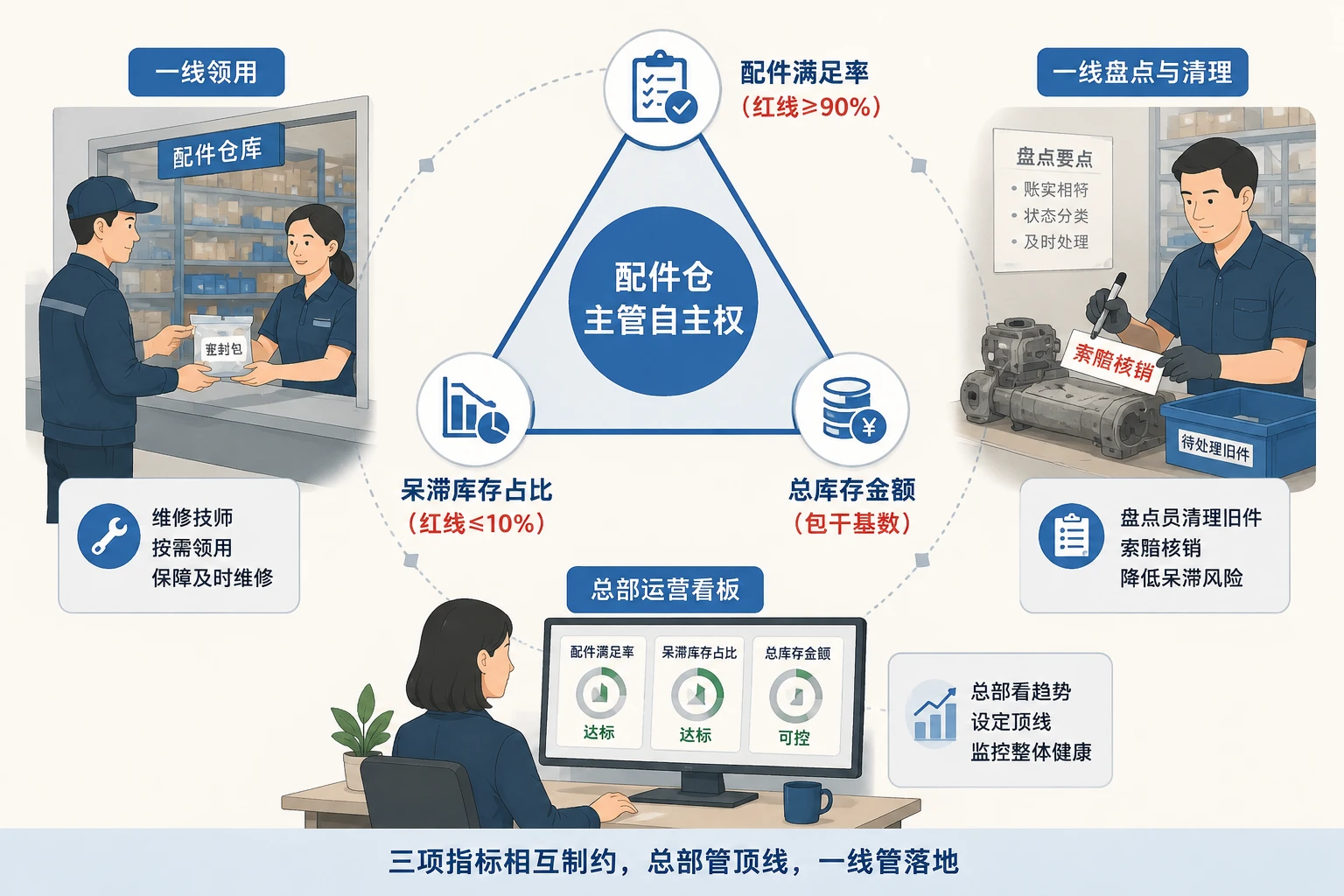 2026年高机租赁维修中心配件包干考核:配件满足率、呆滞库存占比与索赔成功率联动