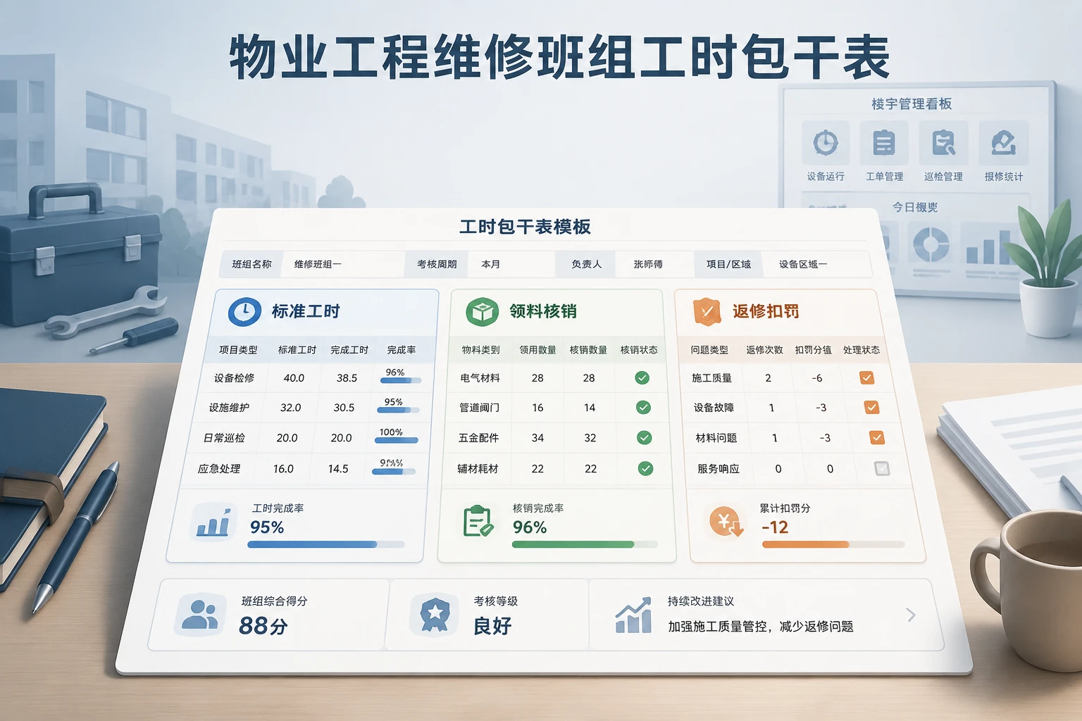 物业工程维修班组工时包干表:标准工时、领料核销与返修扣罚