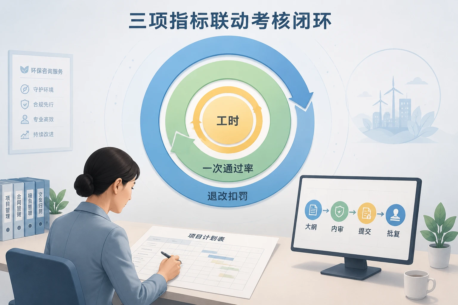 环评编制主管包干考核:工时、一次通过率与退改扣罚联动