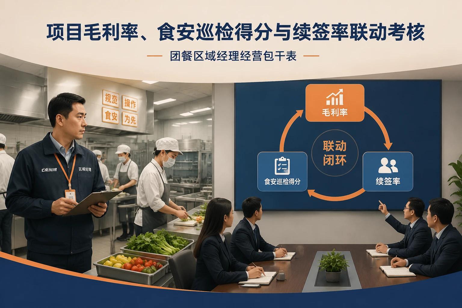 团餐区域经理经营包干表：项目毛利率、食安扣减与续签率联动考核
