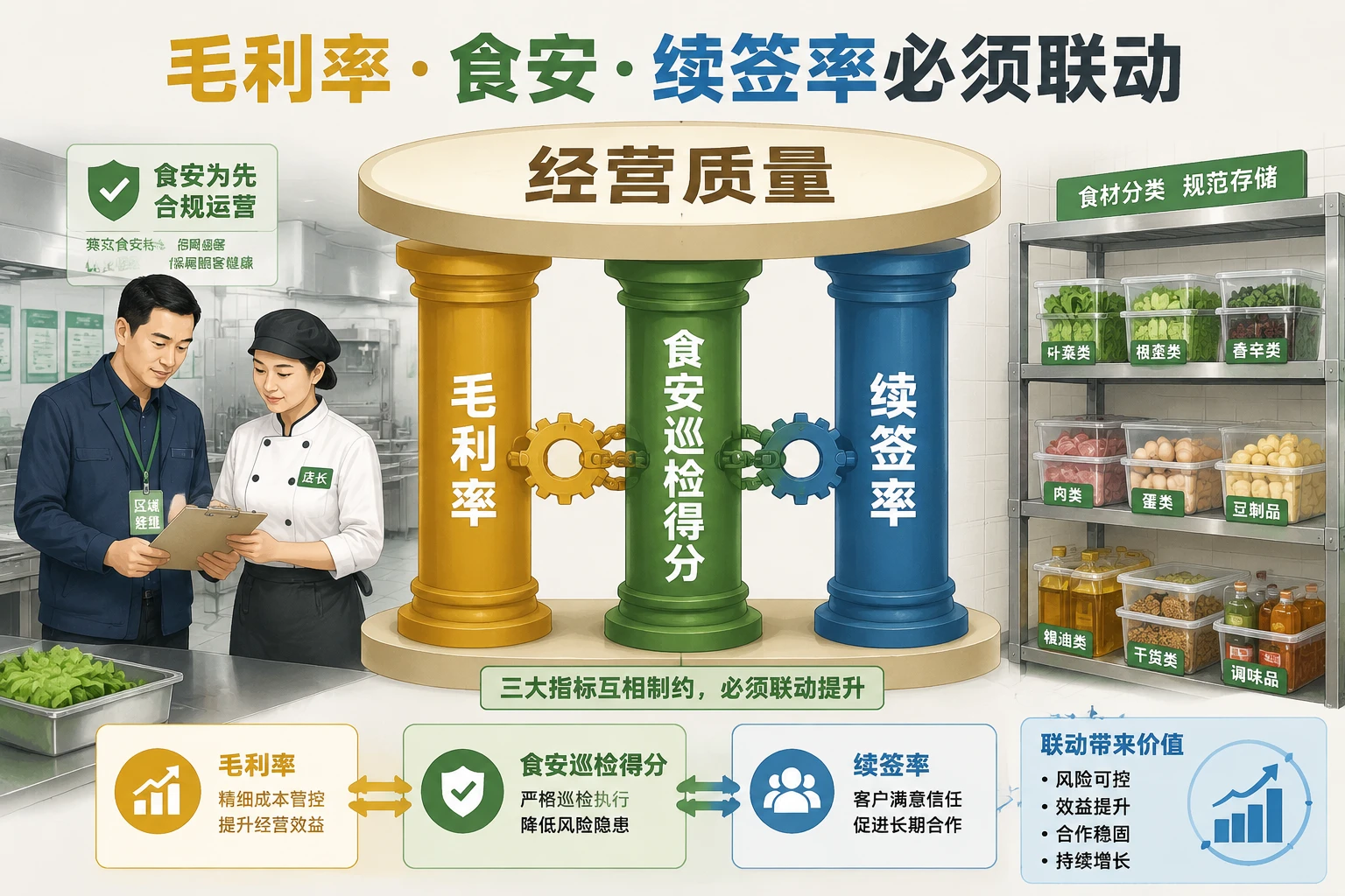 团餐区域经理经营包干表：项目毛利率、食安扣减与续签率联动考核