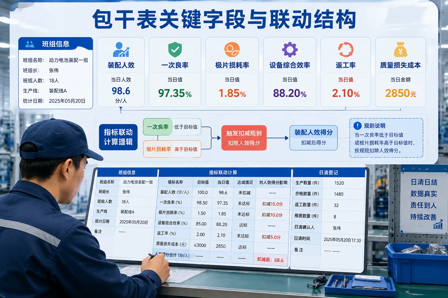2026年动力电池电芯车间班组长包干表：装配人效、一次良率与极片损耗联动