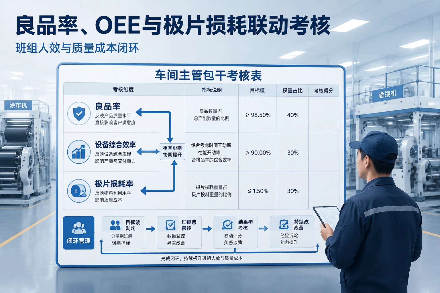 2026年电芯制造车间主管包干考核表:良品率、OEE与极片损耗联动