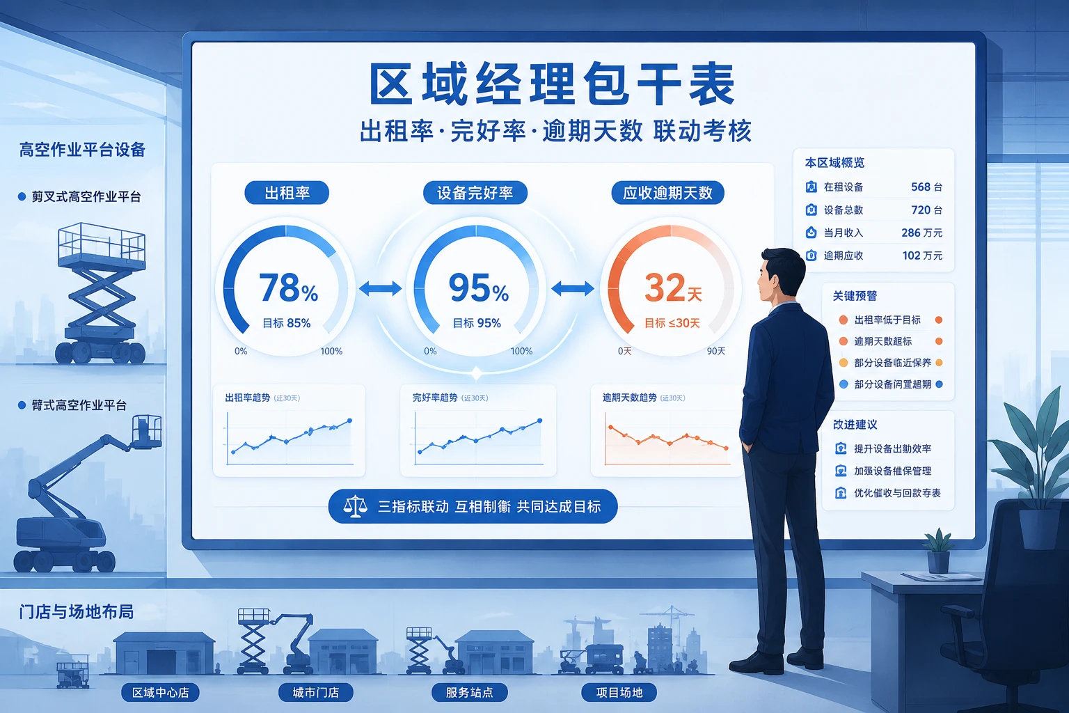 高空作业平台区域经理包干表：出租率、完好率与逾期天数联动