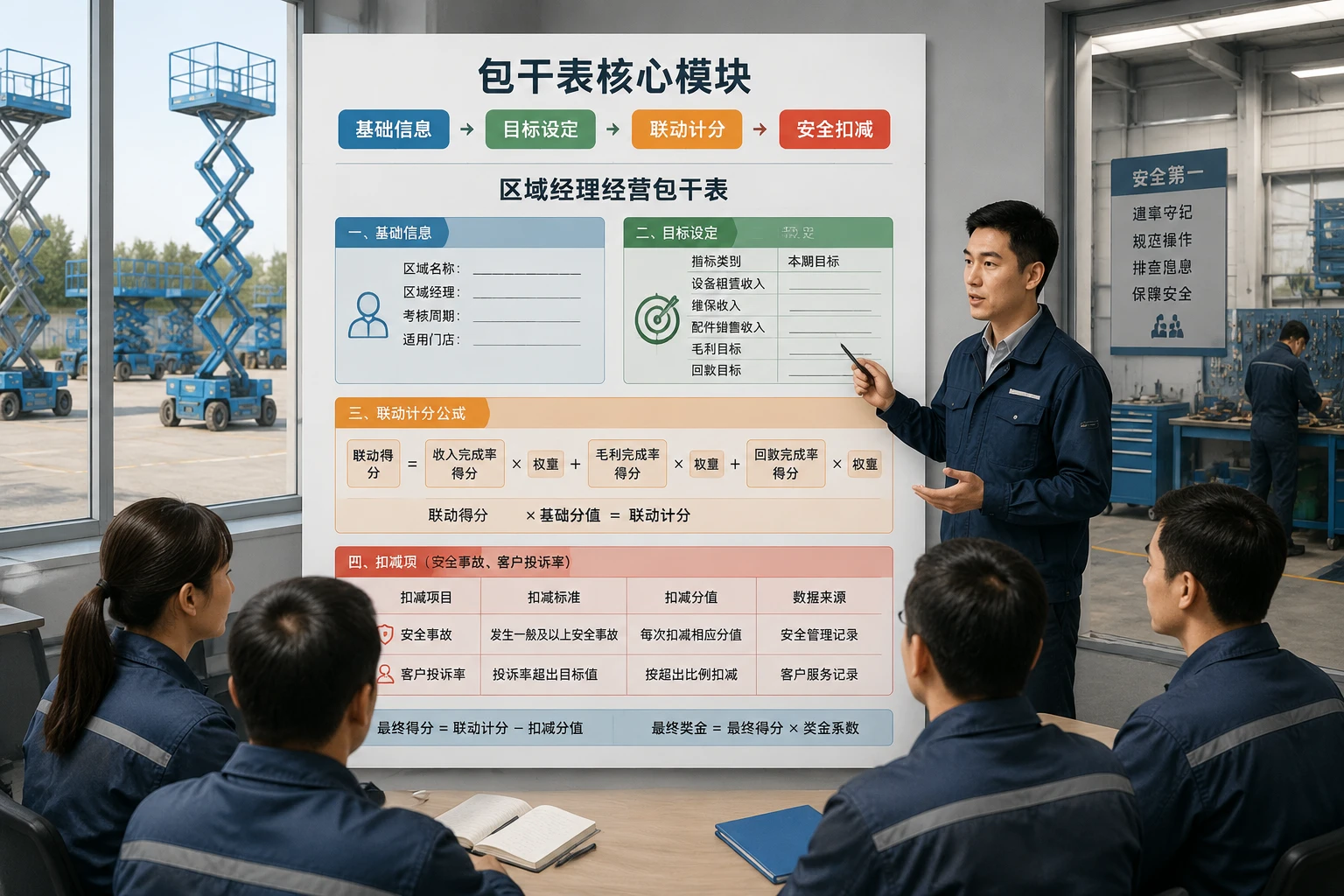高空作业平台区域经理包干表：出租率、完好率与逾期天数联动