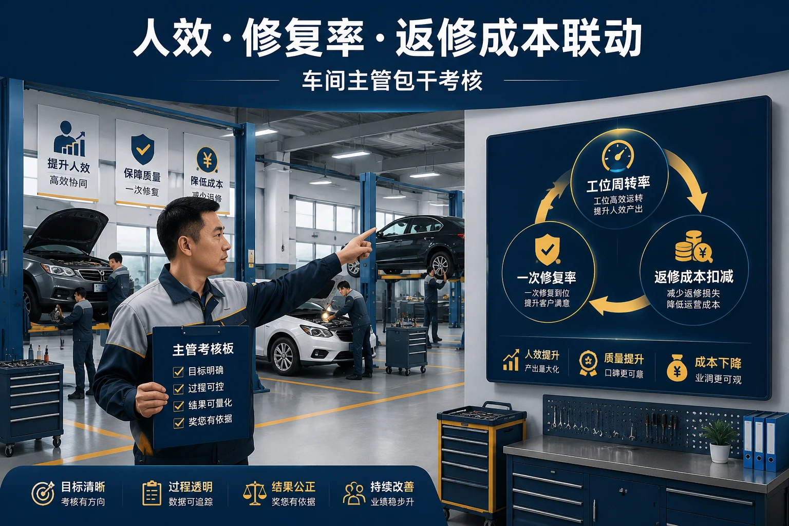 连锁汽修车间主管包干考核表:人效、修复率与返修成本联动