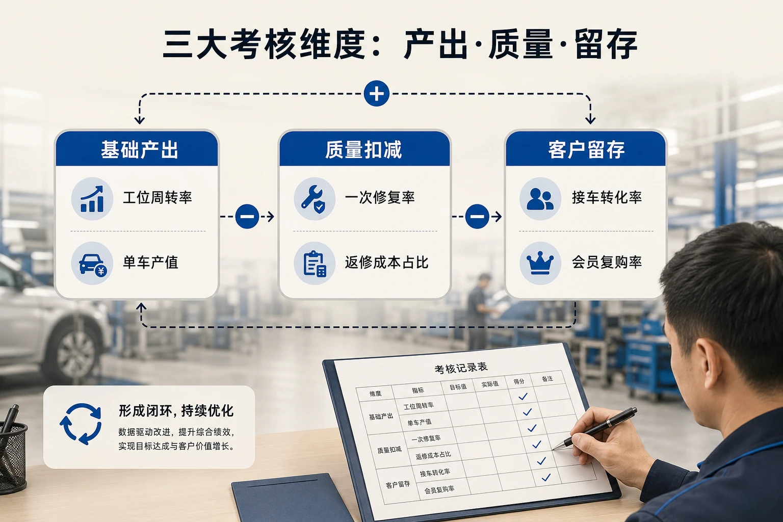 连锁汽修车间主管包干考核表:人效、修复率与返修成本联动