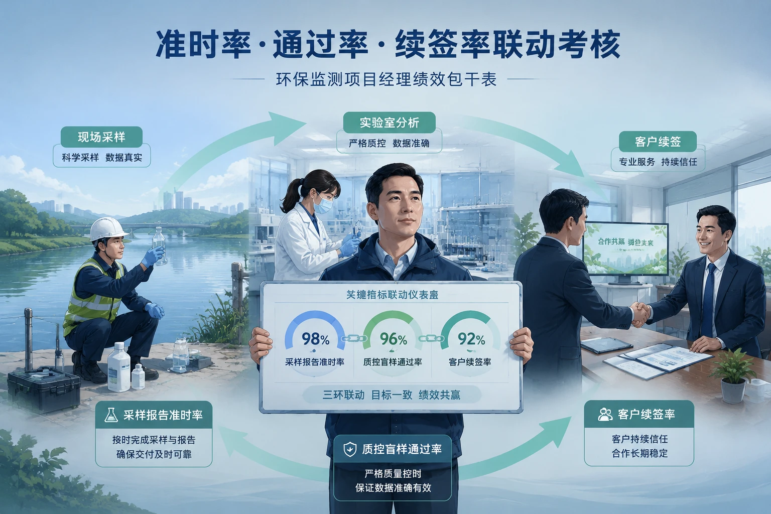 2026年环保监测项目经理绩效包干表：准时率、通过率与续签率联动