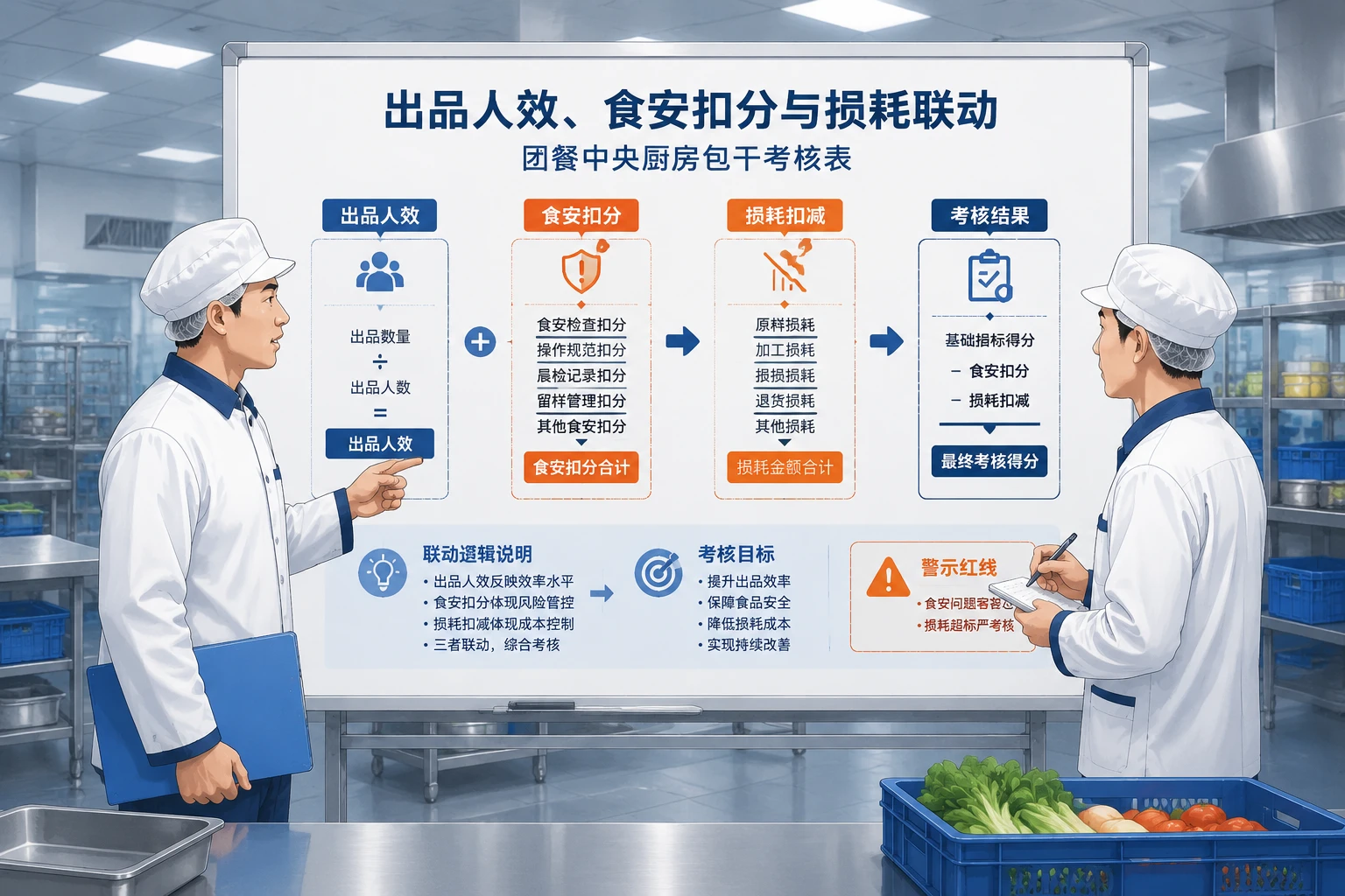 团餐中央厨房主管包干表：出品人效、食安扣分与损耗联动