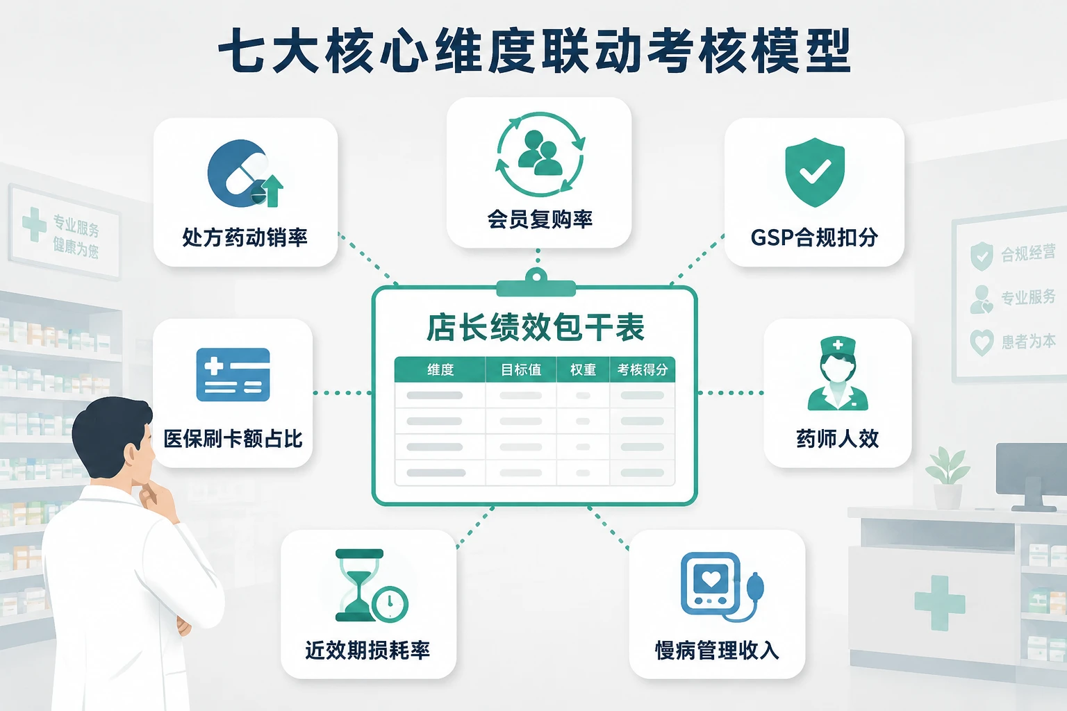 2026年连锁药房店长绩效包干表：处方药动销率、复购周期与药师配置联动考核