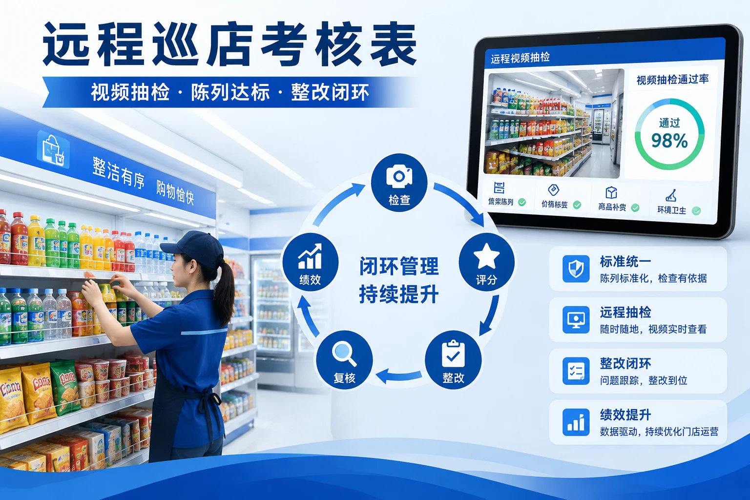 连锁便利店远程巡店考核表:视频抽检、陈列与整改闭环联动
