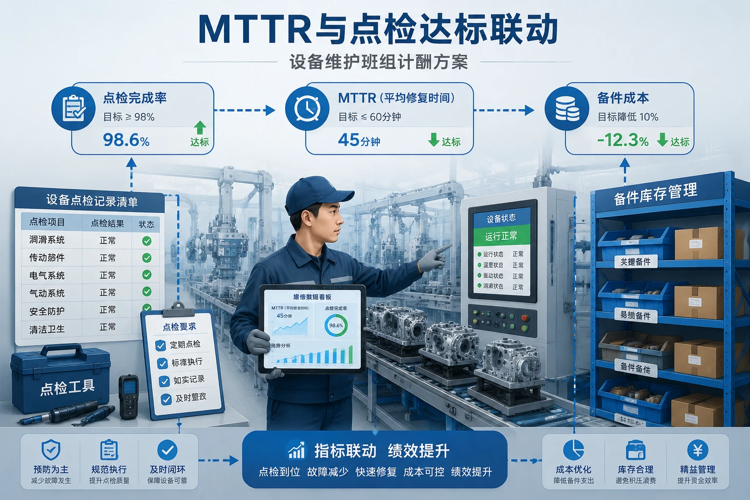 汽车零部件设备维护班组奖金模板:MTTR与点检达标联动