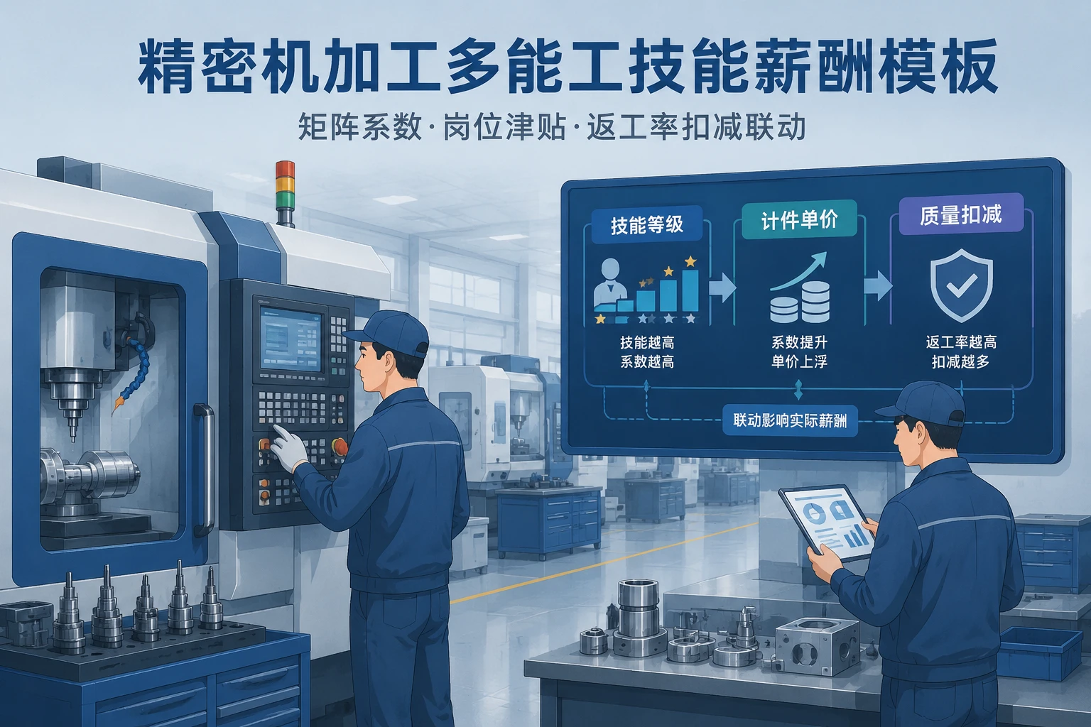 2026年精密机加工多能工技能薪酬模板:矩阵系数、岗位津贴与返工率扣减联动