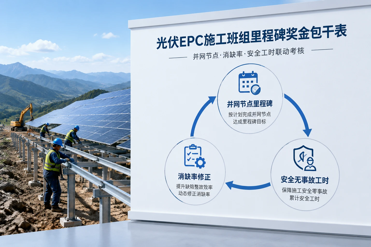 光伏EPC施工班组里程碑奖金包干表：并网节点、消缺率与安全工时联动考核