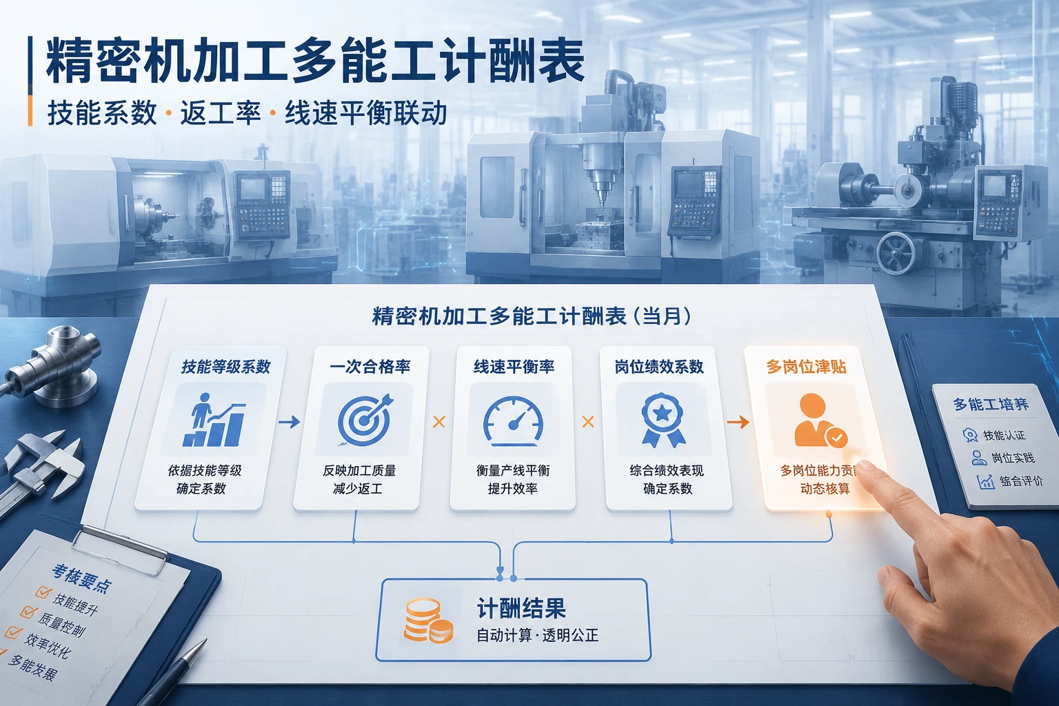 精密机加工多能工计酬表：技能系数、返工率与线速平衡联动