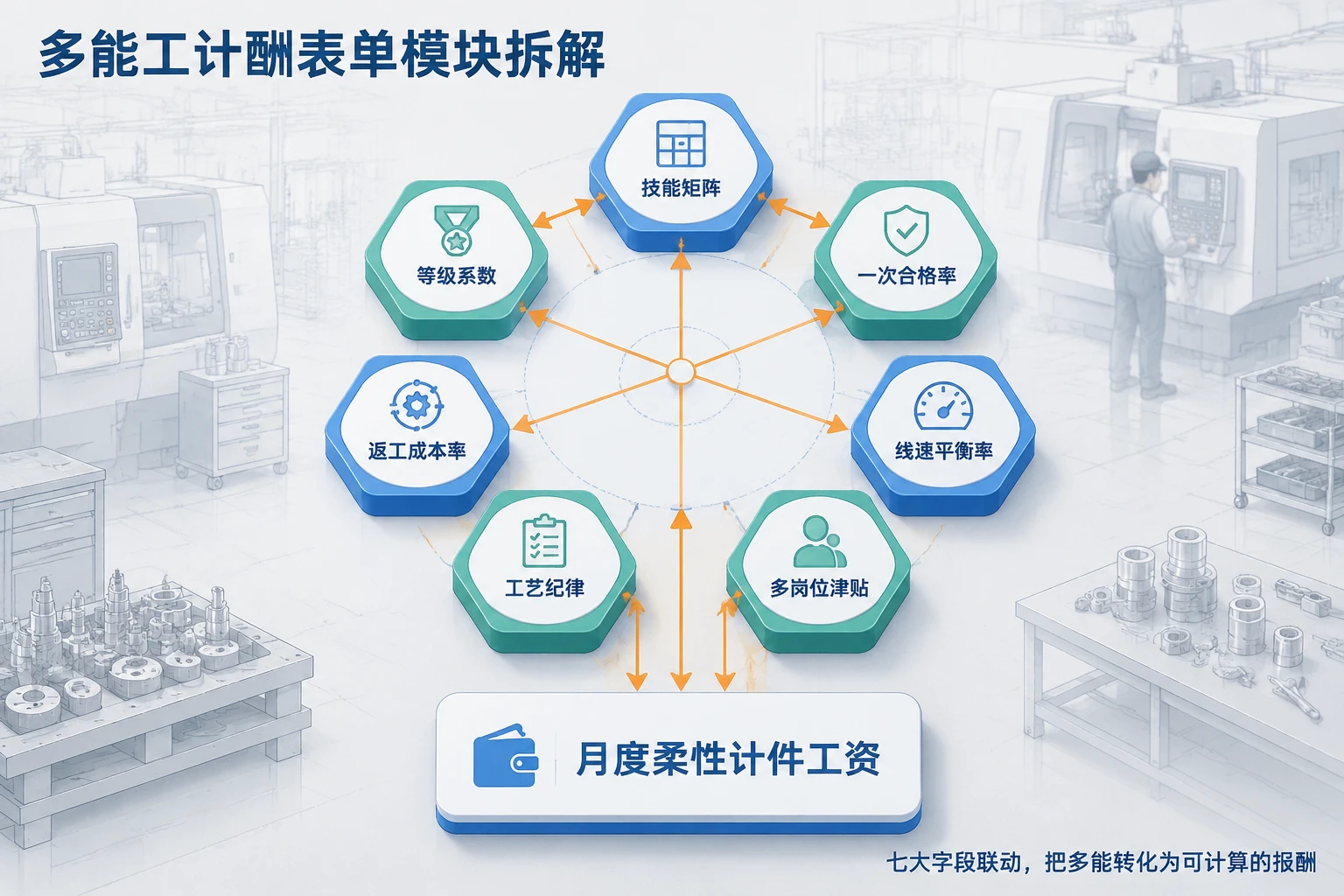 精密机加工多能工计酬表：技能系数、返工率与线速平衡联动