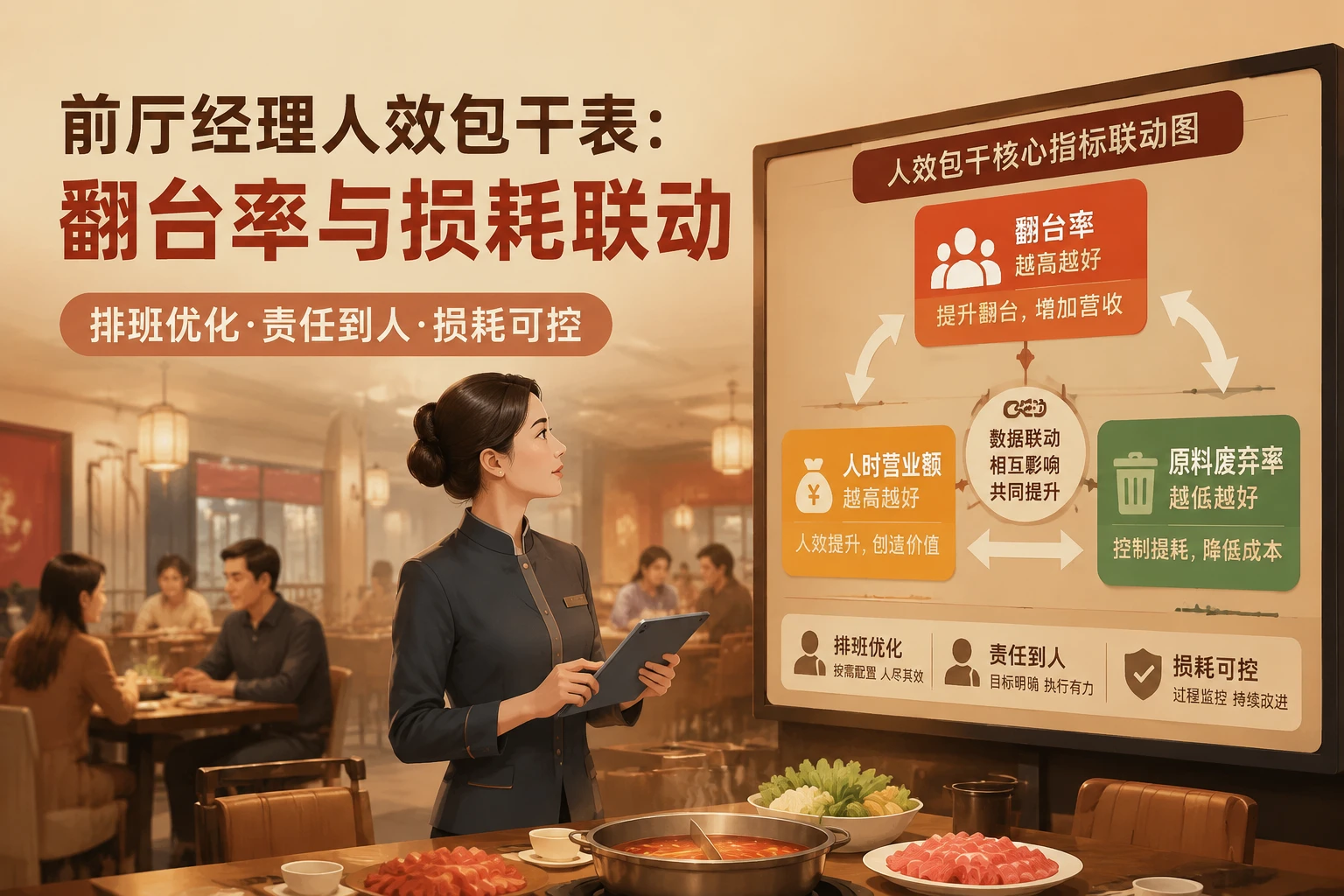 连锁火锅前厅经理人效包干表：翻台率、人时营业额与损耗联动