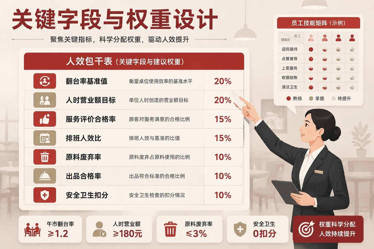 连锁火锅前厅经理人效包干表：翻台率、人时营业额与损耗联动