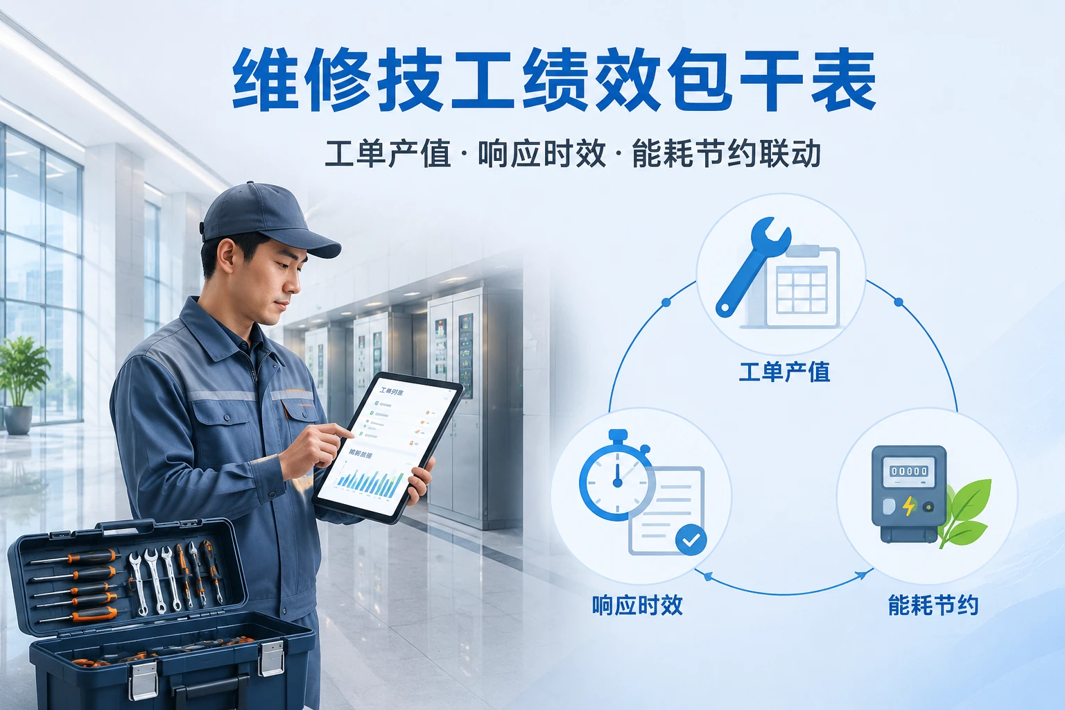 写字楼维修技工绩效包干表：工单产值、响应时效与公区能耗联动