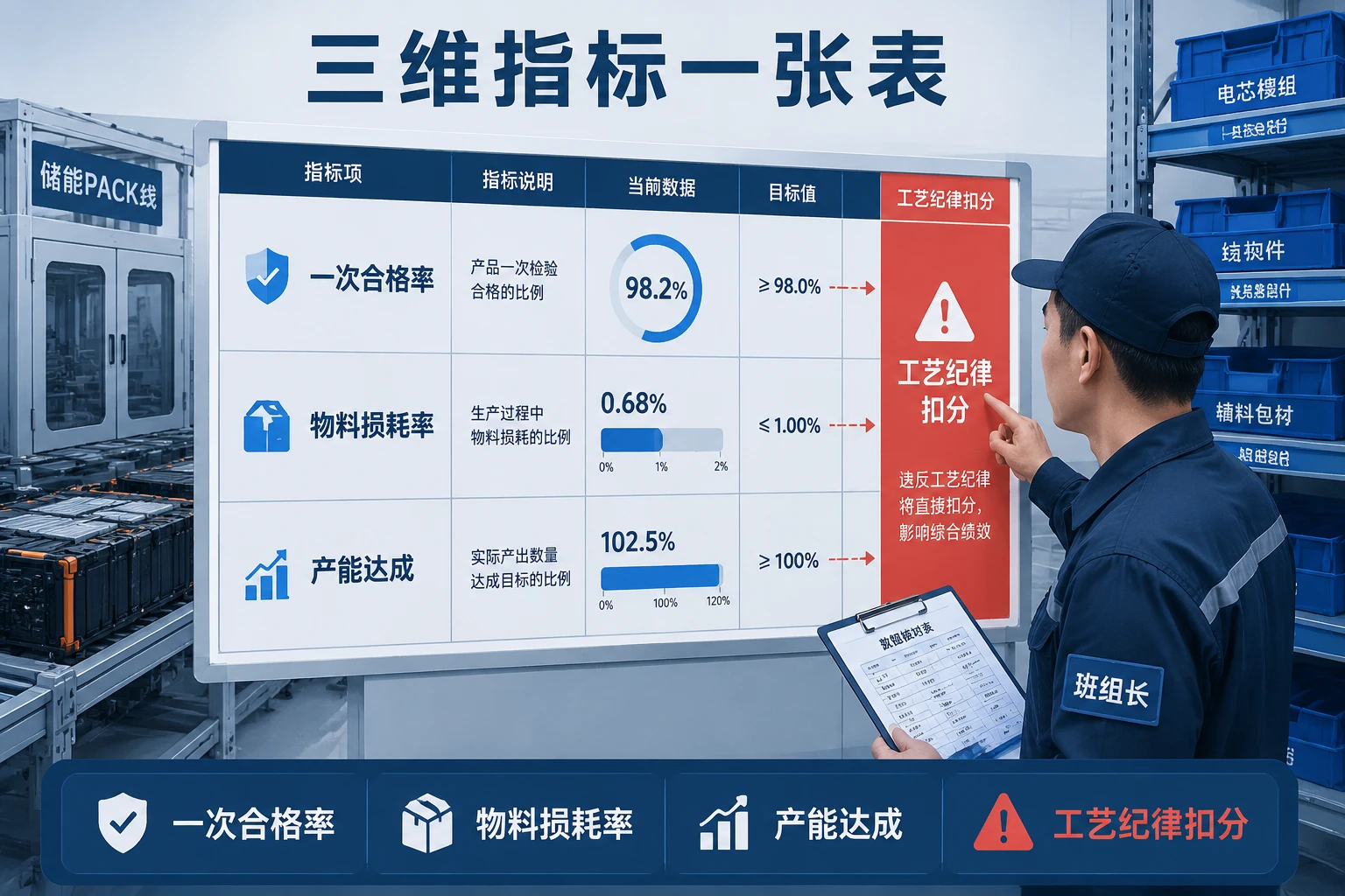 储能PACK线班组长包干表：一次合格率、损耗率、产能联动