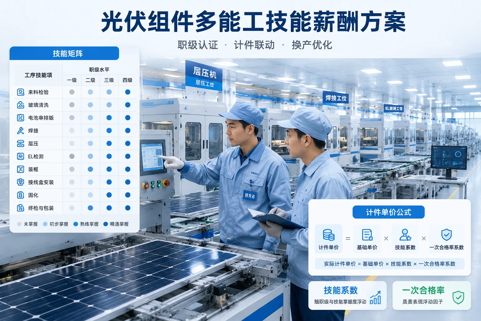 光伏组件多能工技能薪酬方案：职级认证、计件与换产联动