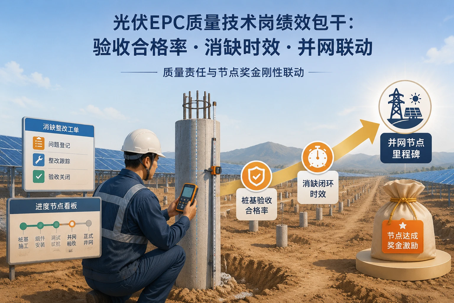 2026年光伏EPC质量技术岗绩效包干:桩基验收合格率、消缺时效与并网奖金联动