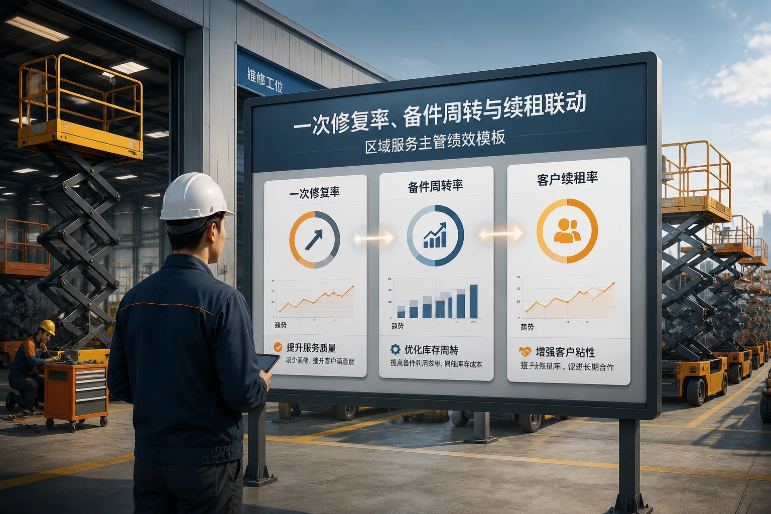 高空作业平台租赁区域服务主管绩效模板：一次修复率、备件周转与续租联动