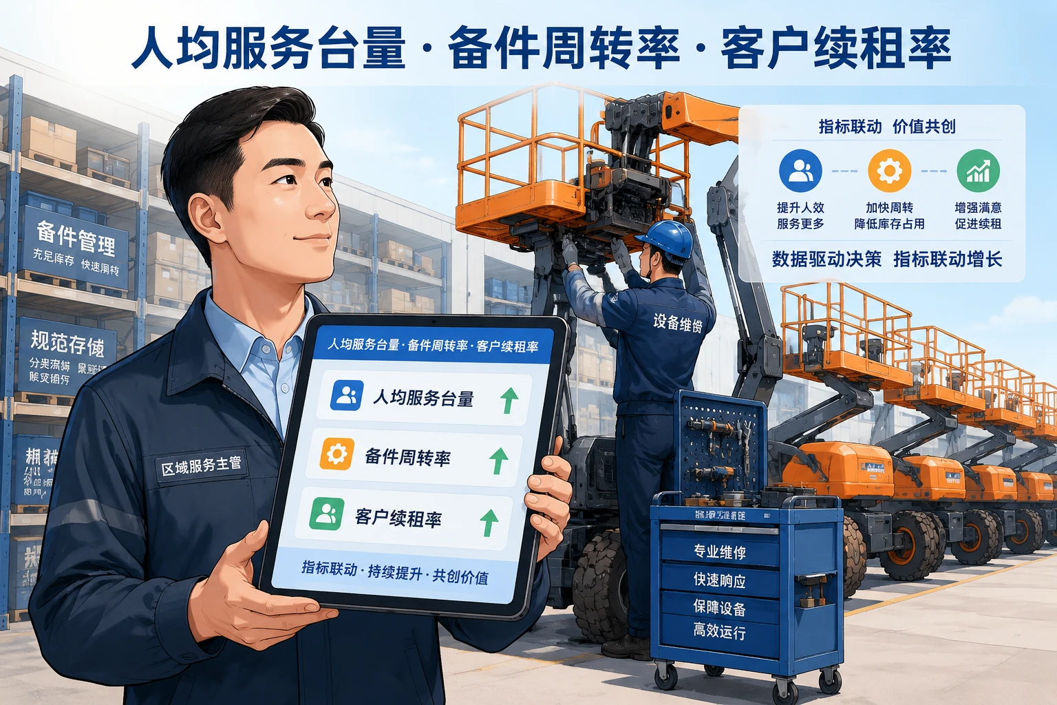 高空作业平台租赁区域服务主管绩效模板：一次修复率、备件周转与续租联动