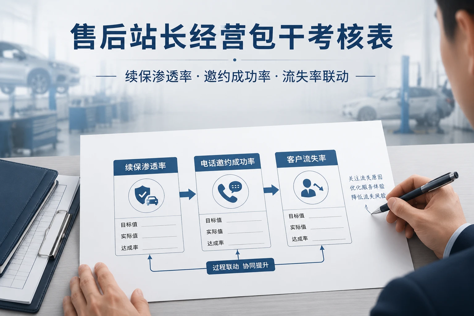 售后站长经营包干考核表：续保渗透率、邀约成功率与流失率联动