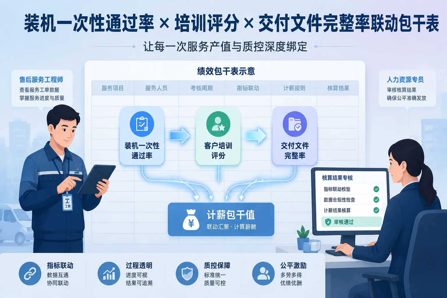 医疗设备售后工程师计件绩效包干表:装机一次性通过率、培训评分与交付文件完整率联动