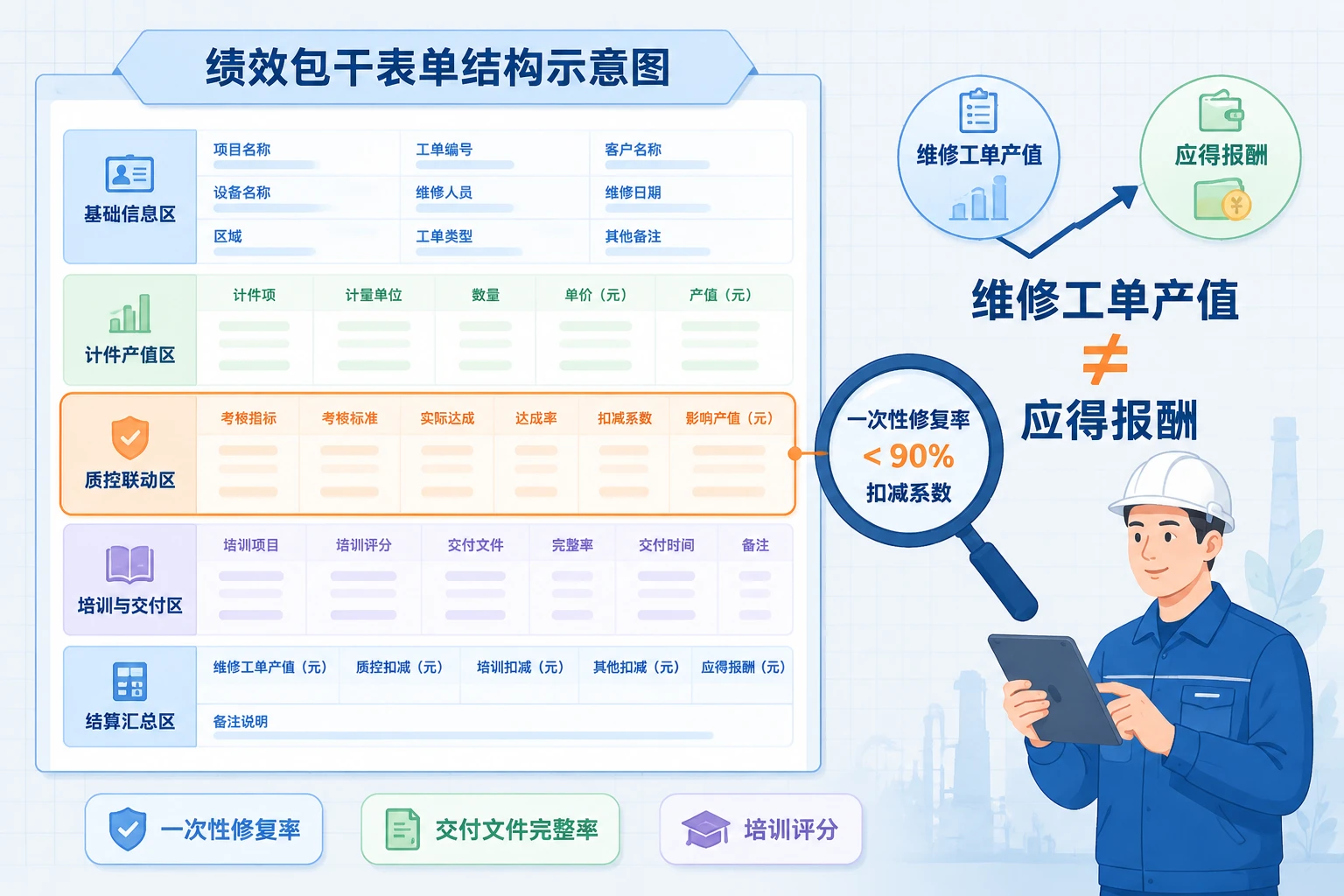 医疗设备售后工程师计件绩效包干表:装机一次性通过率、培训评分与交付文件完整率联动