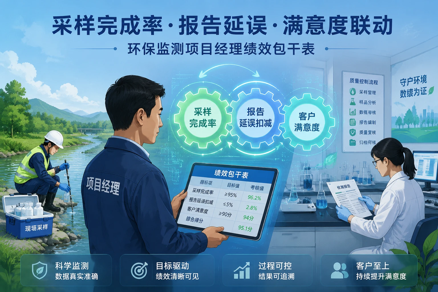 环保监测项目经理绩效包干表：采样完成率、报告延误与满意度联动