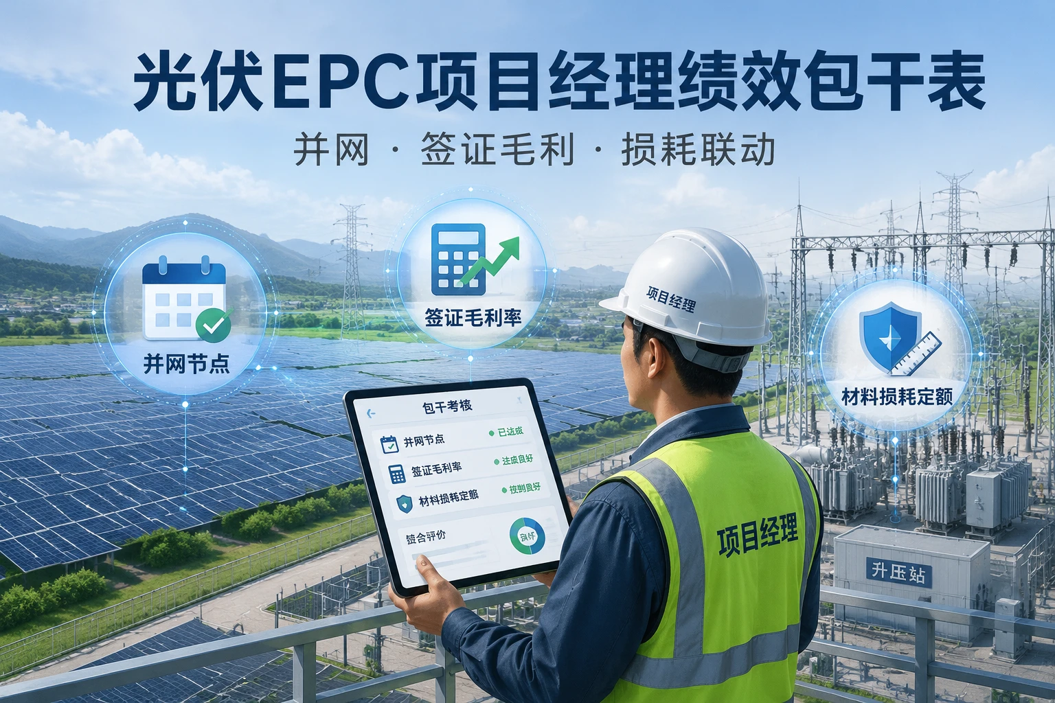 光伏EPC项目经理绩效包干表：并网、签证毛利与损耗联动