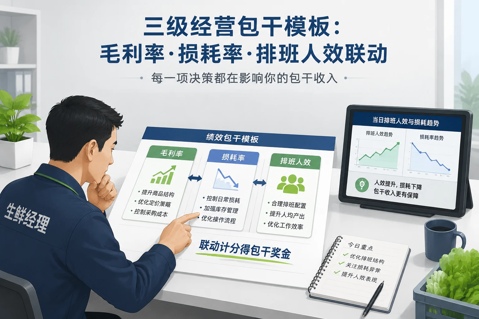 2026年连锁超市生鲜经理绩效包干模板：毛利率、损耗率与排班人效联动